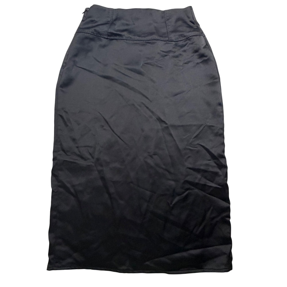 Express Black Satin High Waisted Midi Pencil Skirt Size 0 Yoke Detail 007650508